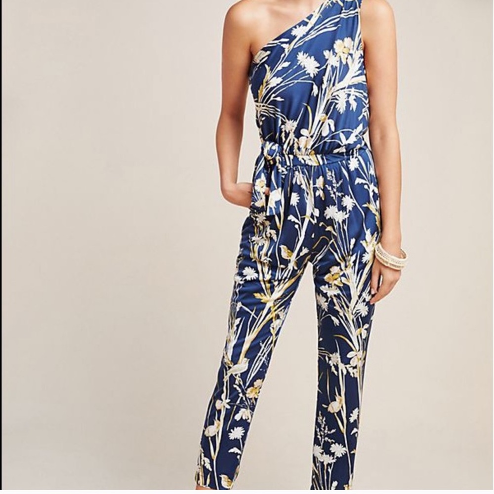 Anthropologie Navy Floral One-Shoulder Jumpsuit
